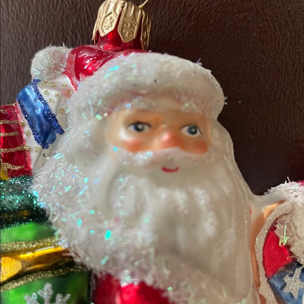Hand Blown Glass Christmas Tree Ornament - Santa Riding Reindeer w/ Bag of Gifts